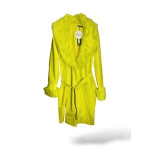 Boohoo Lime Green PU Trench Coat Faux Fur Collar Cuffs Belted US Size 10